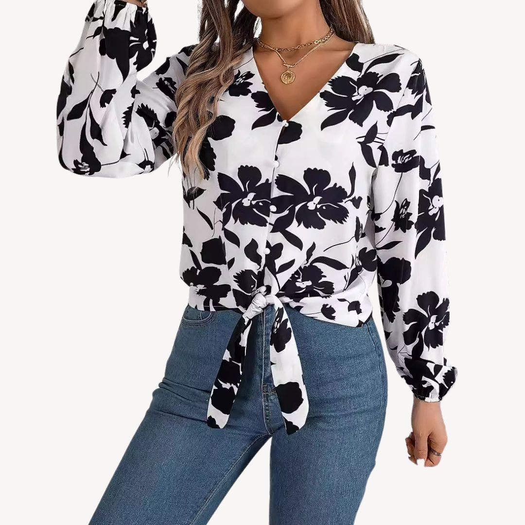 Floral V-Neck Blouse Long Sleeve