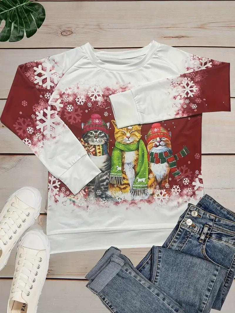 Women’s Christmas Cat Print Crewneck Sweatshirt