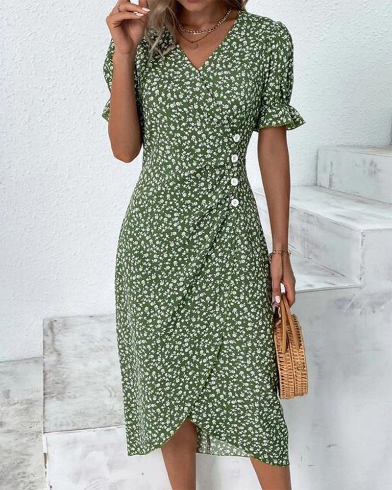 Elegant Floral V-Neck Wrap Dress