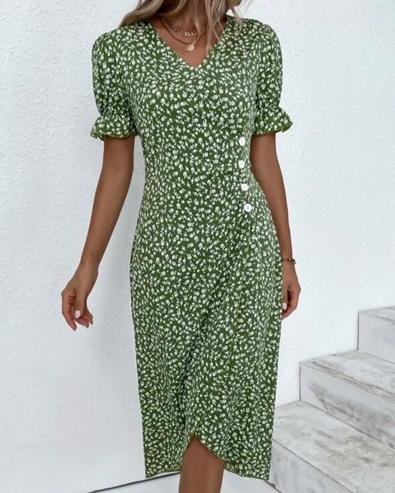 Elegant Floral V-Neck Wrap Dress - BritishElegance