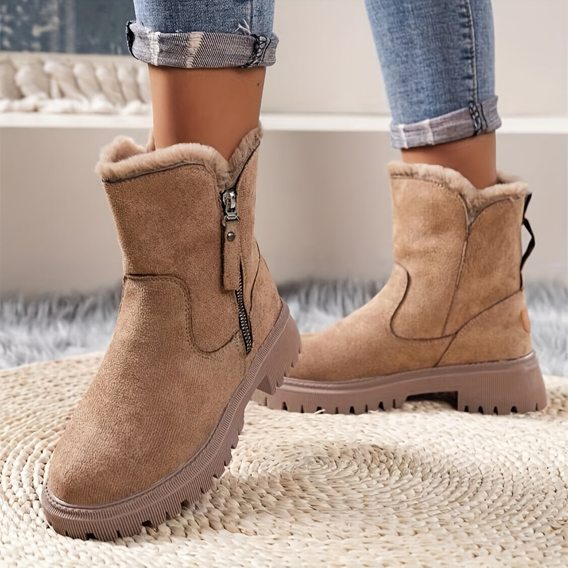 Luxury Suede Ankle Boots for Women with Faux Fur Trim - BritishElegance