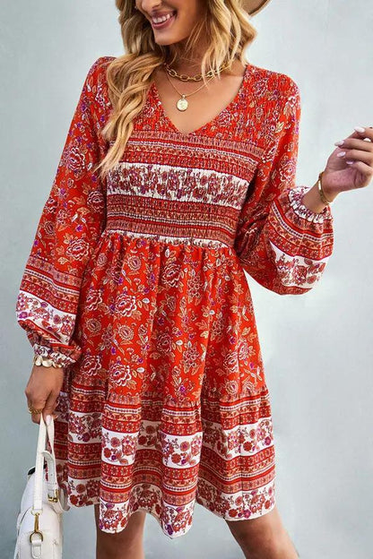 Bohemia Smocked Bust Long Sleeve Printed Dress