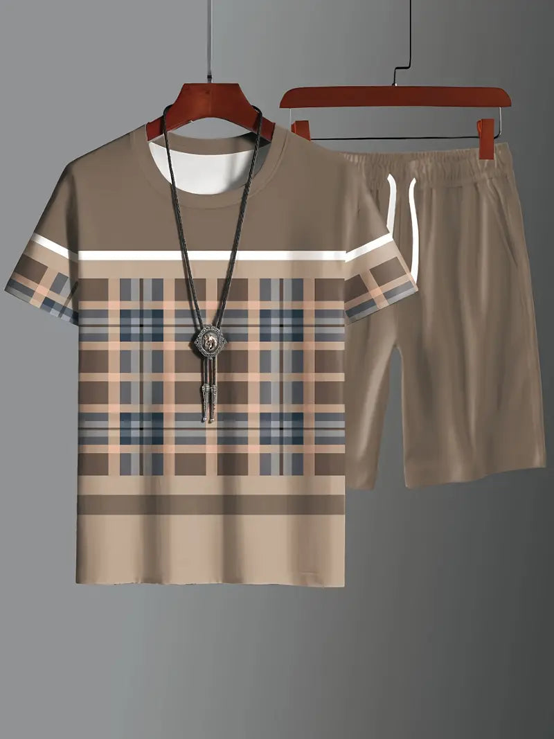 Two-Piece Color-Blocked Short-Sleeve Shirt and Drawstring Shorts Set