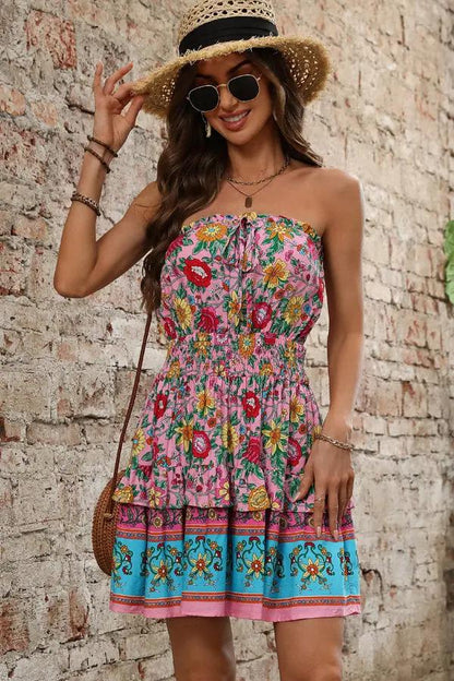 Bohemia Print Bandeau Ruffle Hem Mini Dress