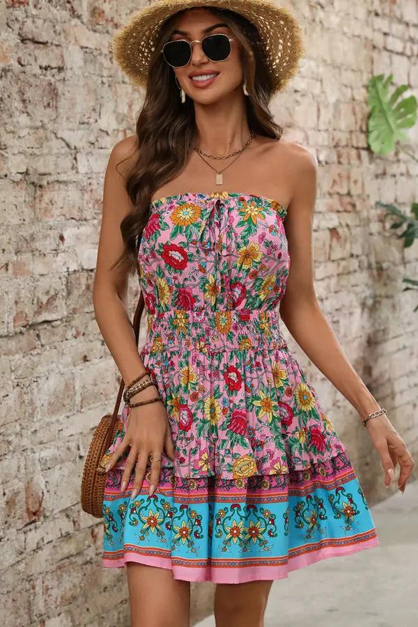 Bohemia Print Bandeau Ruffle Hem Mini Dress
