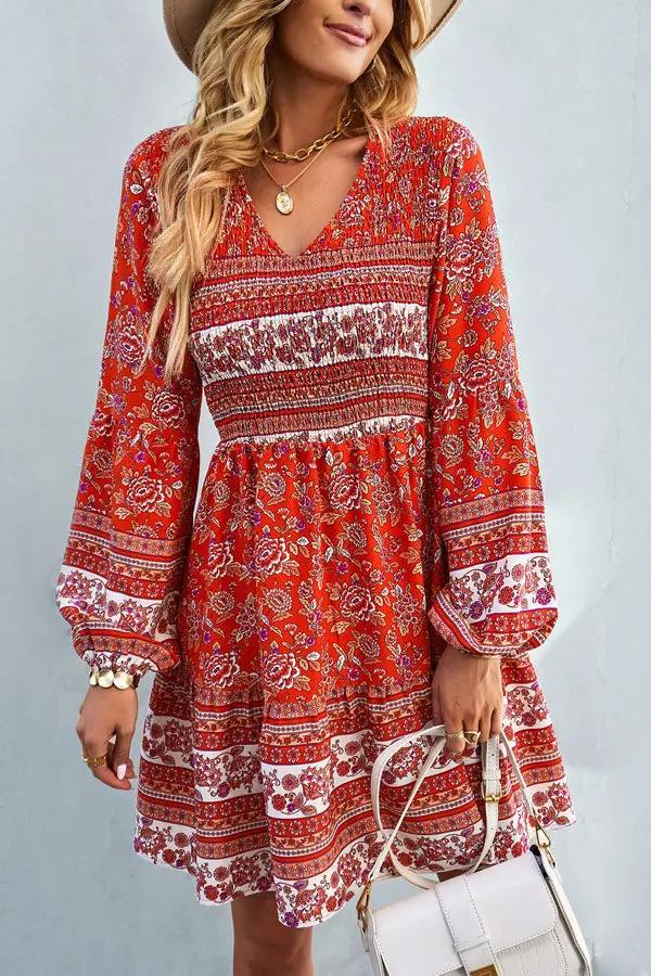 Bohemia Smocked Bust Long Sleeve Printed Dress