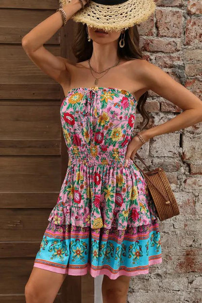 Bohemia Print Bandeau Ruffle Hem Mini Dress