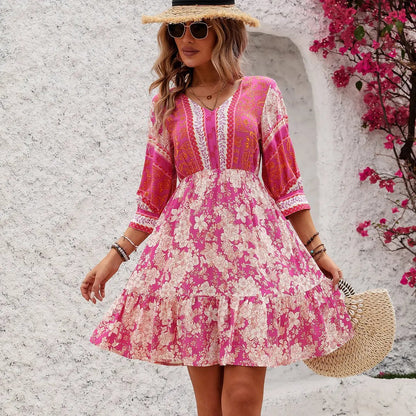 Bohemia Print V Neck Casual Mini Dress