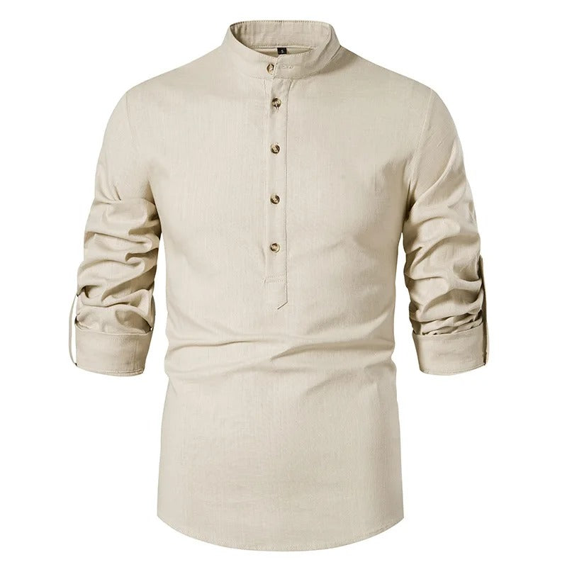 Classic Linen Shirt with Stand Collar - BritishElegance