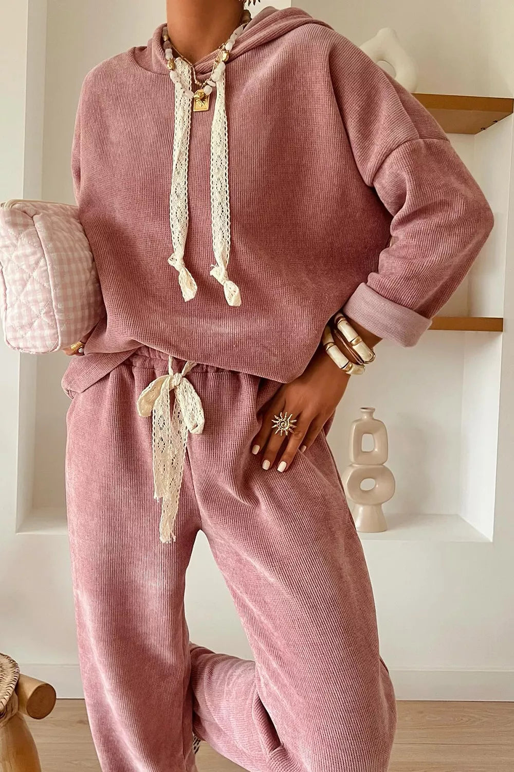Women's Crochet Trim Loungewear Hoodie Set - BritishElegance