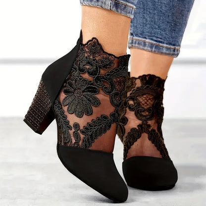 Sienna Floral Embroidered Lace Ankle Boots | Sheer Panels Ankle Boots