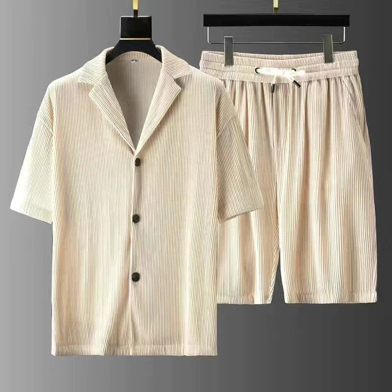 Casual Two Piece Set with Textured Shirt and Shorts