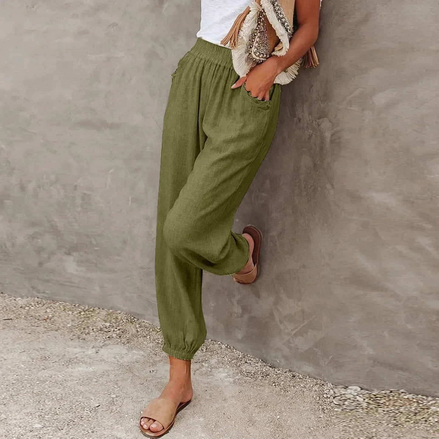 Women's Loose Fit Summer Pants with High Waist and Pockets - BritishElegance