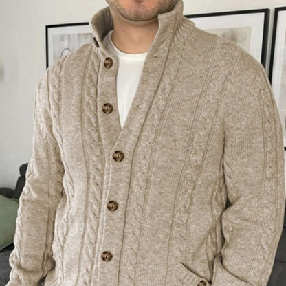 The Carlton Men’s Beige Cable Knit Merino Wool Cardigan