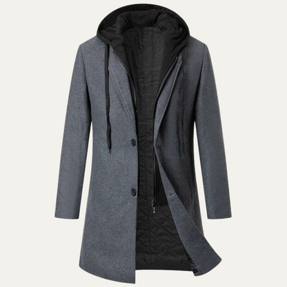 Men’s Long Coat with Layered Hooded Design