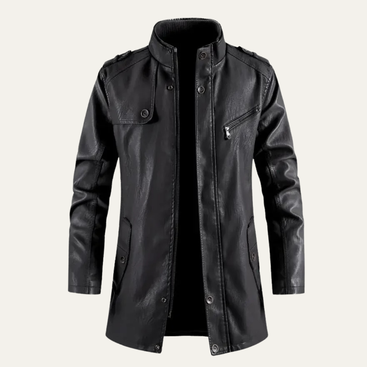 Men’s Mid Length Faux Leather Utility Coat