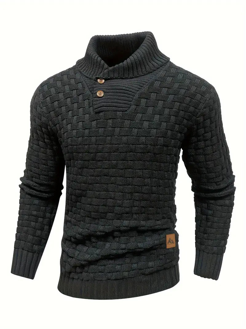 Men’s Textured Shawl Collar Button Pullover Sweater