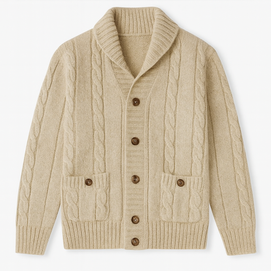 The Carlton Men’s Beige Cable Knit Merino Wool Cardigan