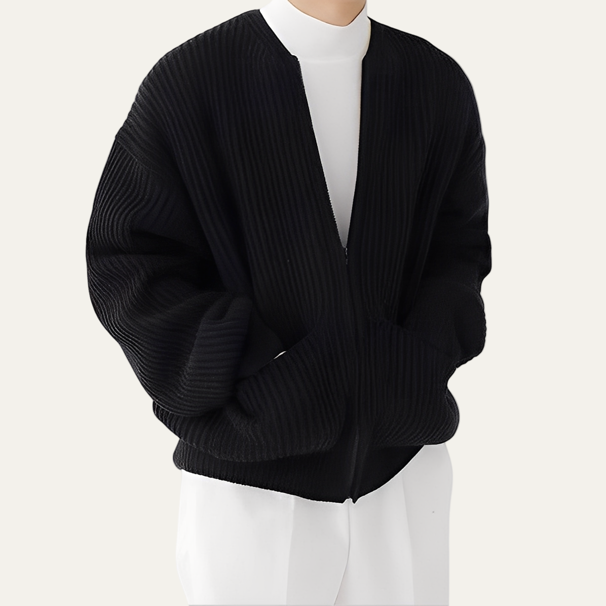 Men’s Oversized Pleated Texture Zip Bomber Jacket