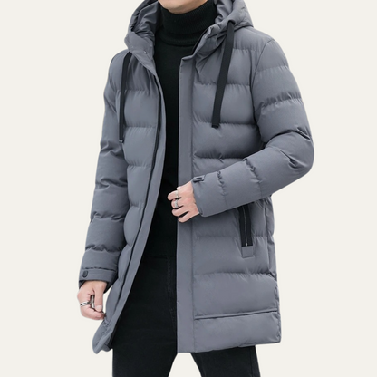 Men’s Long Line Hooded Puffer Coat with Full Zip Closure