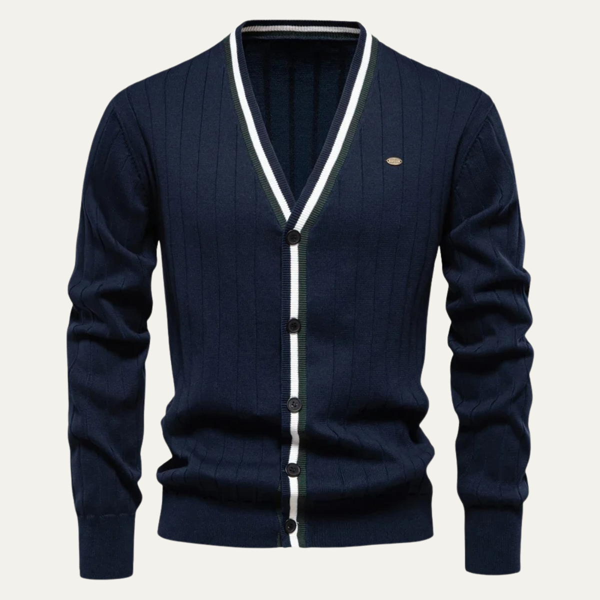Men’s V Neck Rib Knit Cardigan with Striped Trim