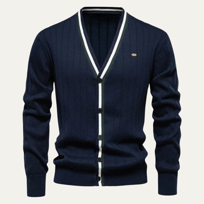 Men’s V Neck Rib Knit Cardigan with Striped Trim