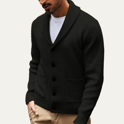 Men’s Shawl Collar Textured Knit Cardigan with Patch Pockets
