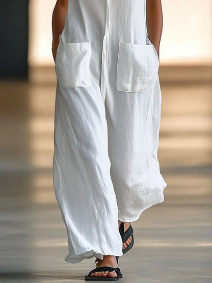 Casual Retro White Linen Sleeveless Jumpsuit