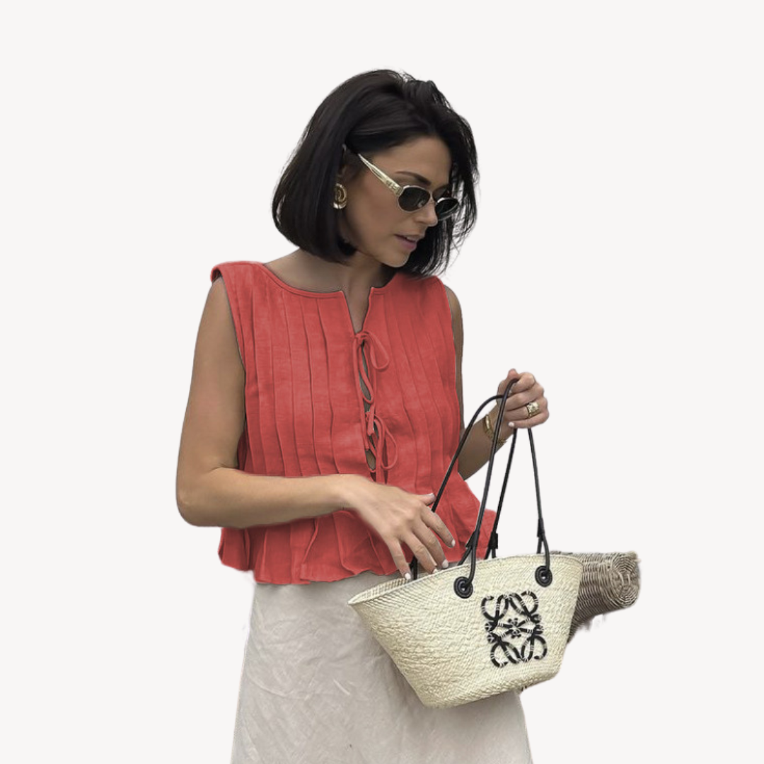 Women's Linen Pleated Tie-Front Top