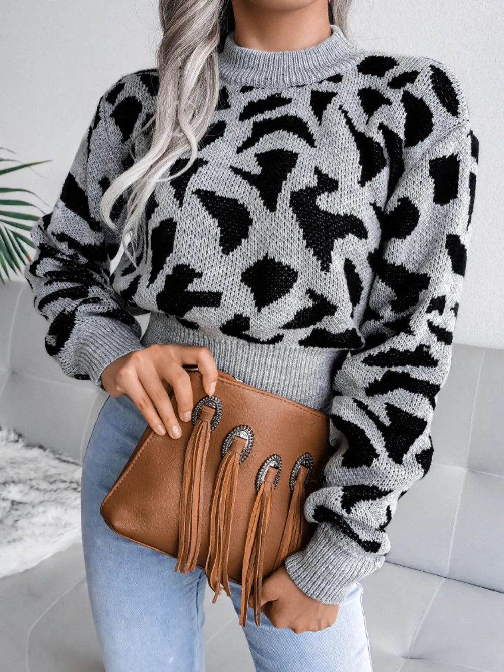 Animal Print Relaxed Fit Crew Neck Sweater