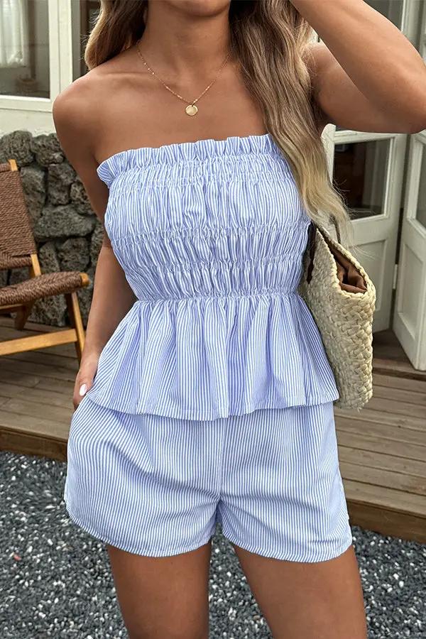 Bandeau Frill Printed Casual Two Pieces Set