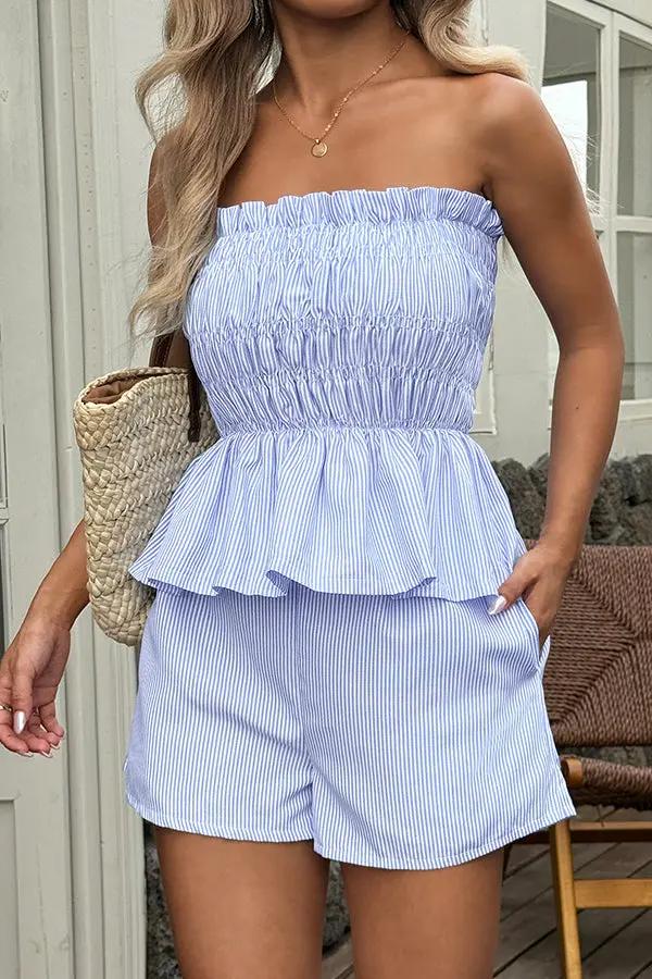 Bandeau Frill Printed Casual Two Pieces Set
