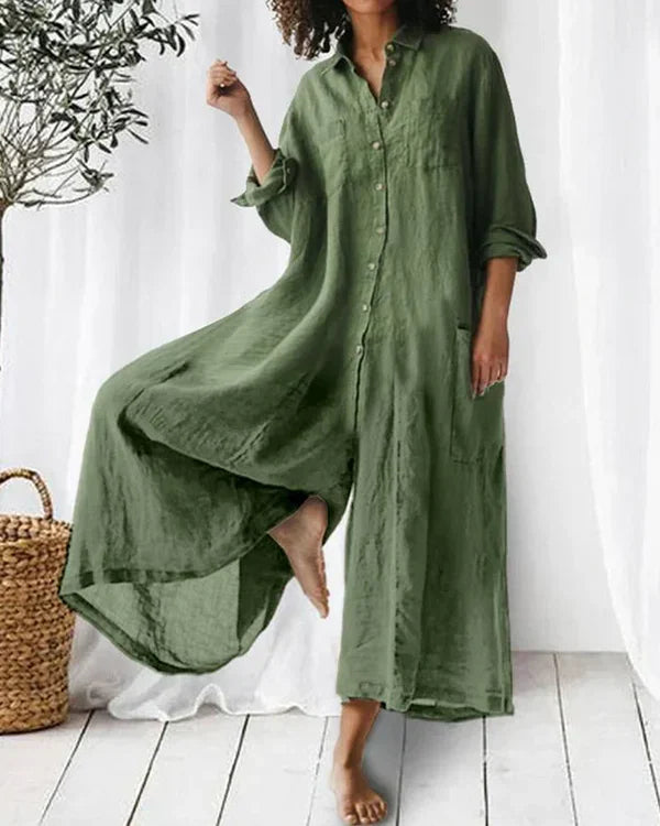 Relaxed Fit V-Neck Linen Jumpsuit for Women