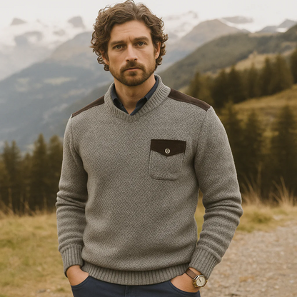 The Highland Men’s Luxury Grey Knit Autumn Winter Jumper – Suede Shoulder Detail