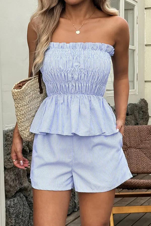 Bandeau Frill Printed Casual Two Pieces Set