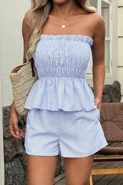 Bandeau Frill Printed Casual Two Pieces Set