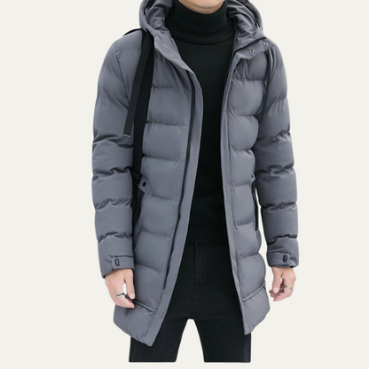 Men’s Long Line Hooded Puffer Coat with Full Zip Closure