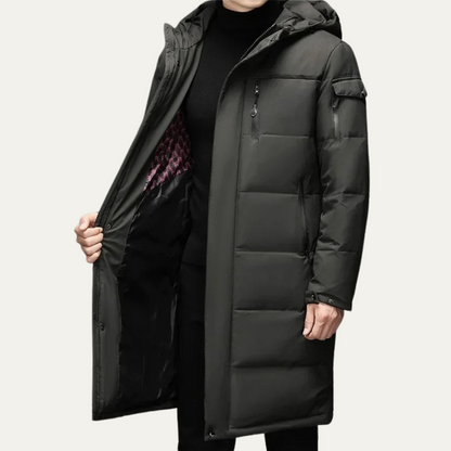 Men’s Long Quilted Puffer Coat with Hood
