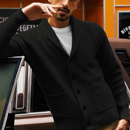 Men’s Shawl Collar Textured Knit Cardigan with Patch Pockets