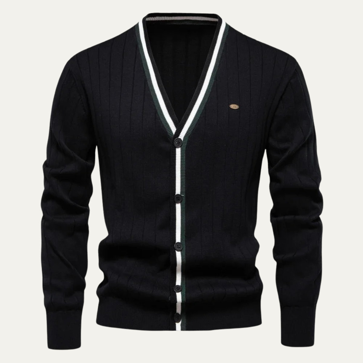 Men’s V Neck Rib Knit Cardigan with Striped Trim