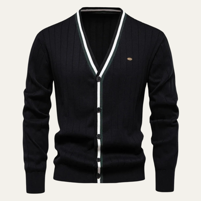 Men’s V Neck Rib Knit Cardigan with Striped Trim