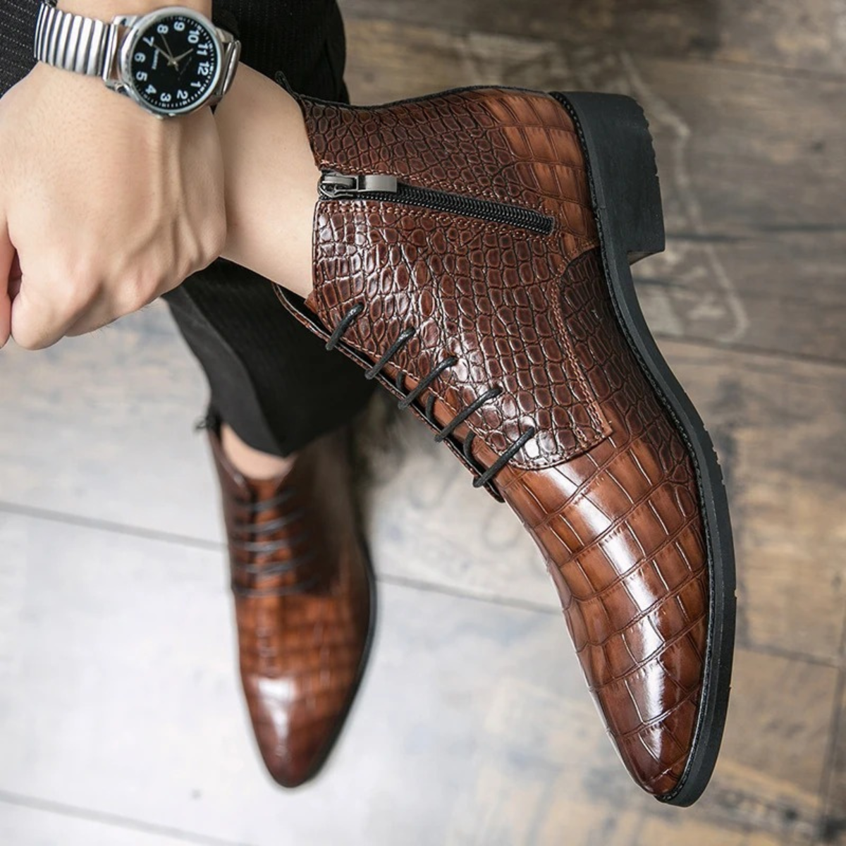 The Orvieto Men’s Crocodile Pattern Leather Ankle Boots - Brown