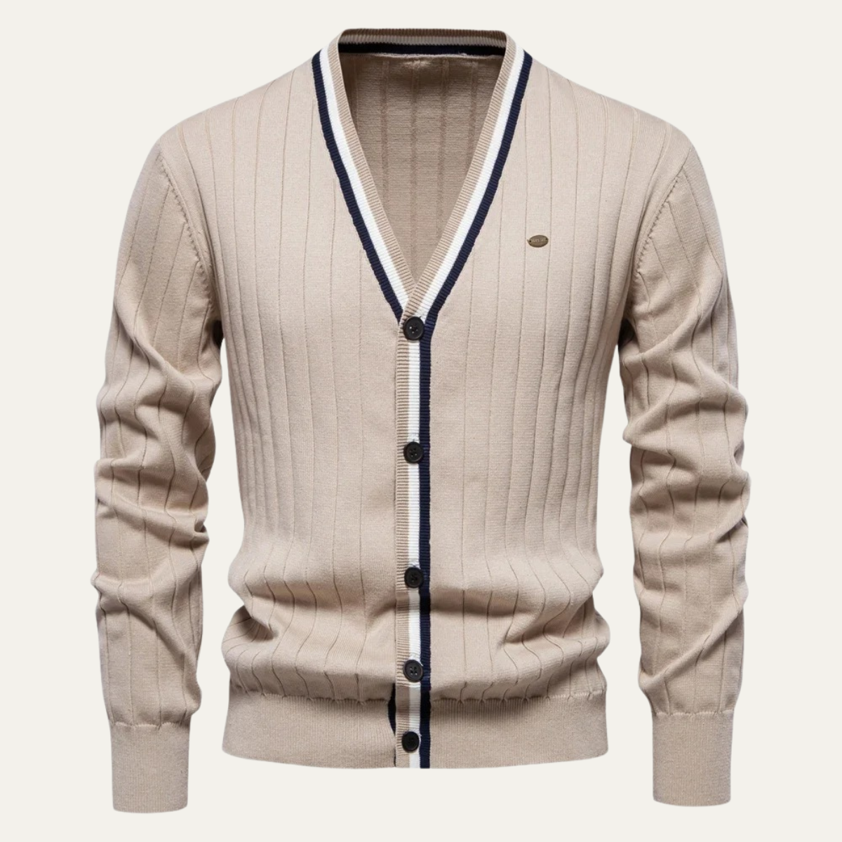 Men’s V Neck Rib Knit Cardigan with Striped Trim