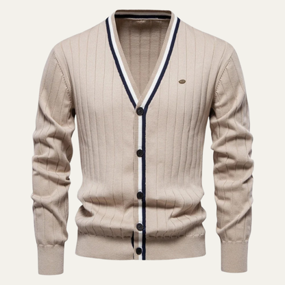 Men’s V Neck Rib Knit Cardigan with Striped Trim