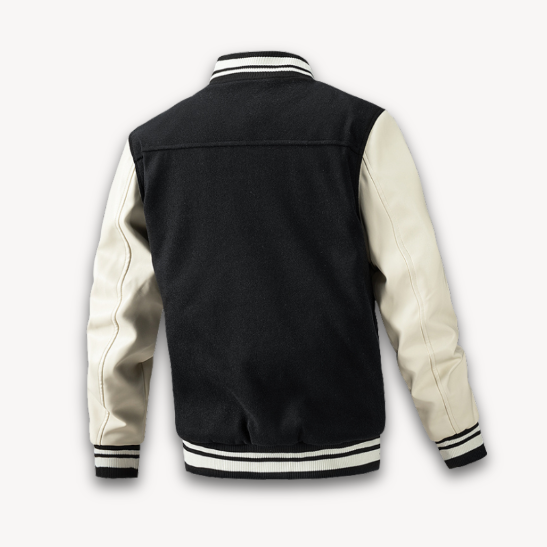 Men's Varsity Jacket - Wool Blend Body with Faux Leather Sleeves - Classic Letterman Style