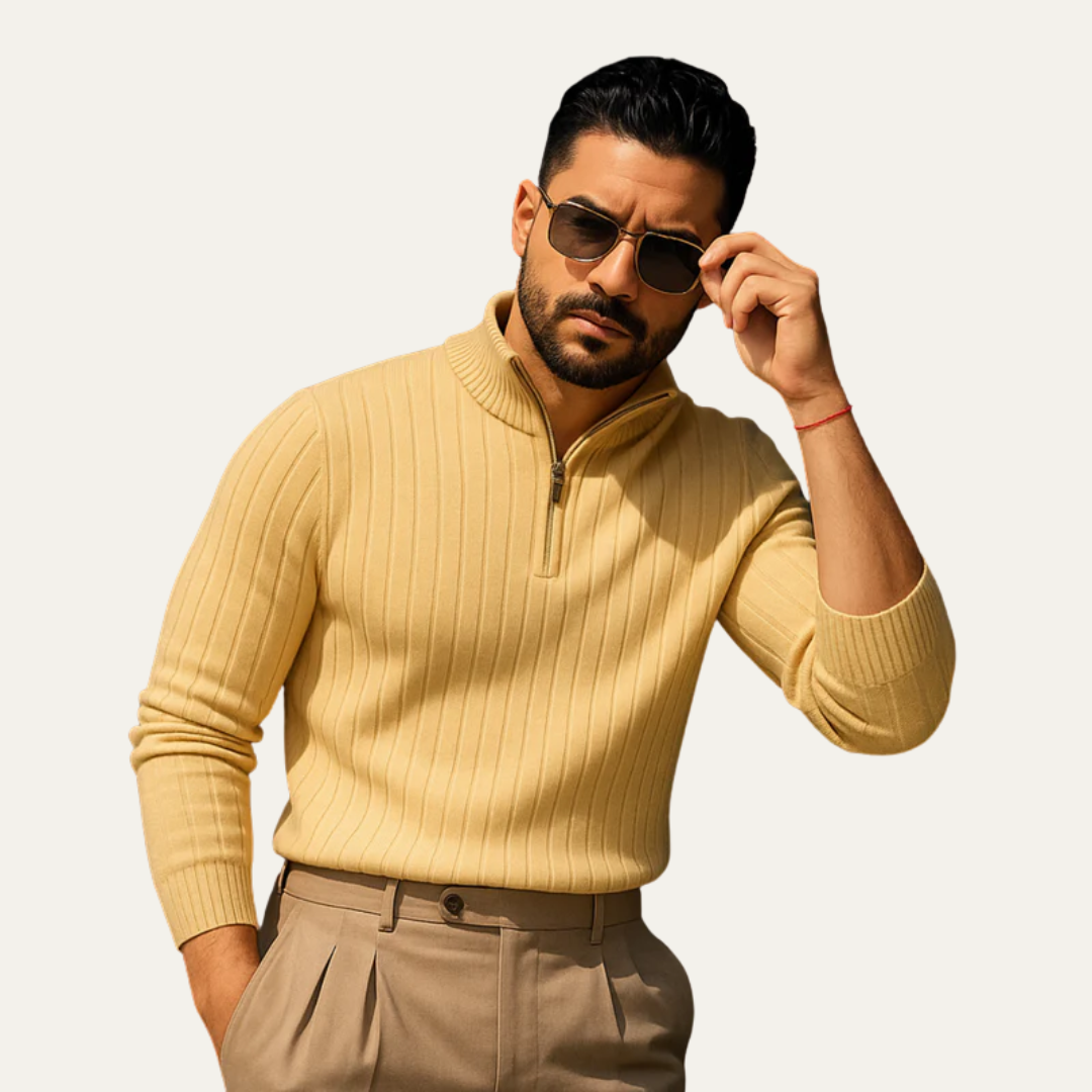 Men’s Mock Neck Quarter Zip Ribbed Sweater