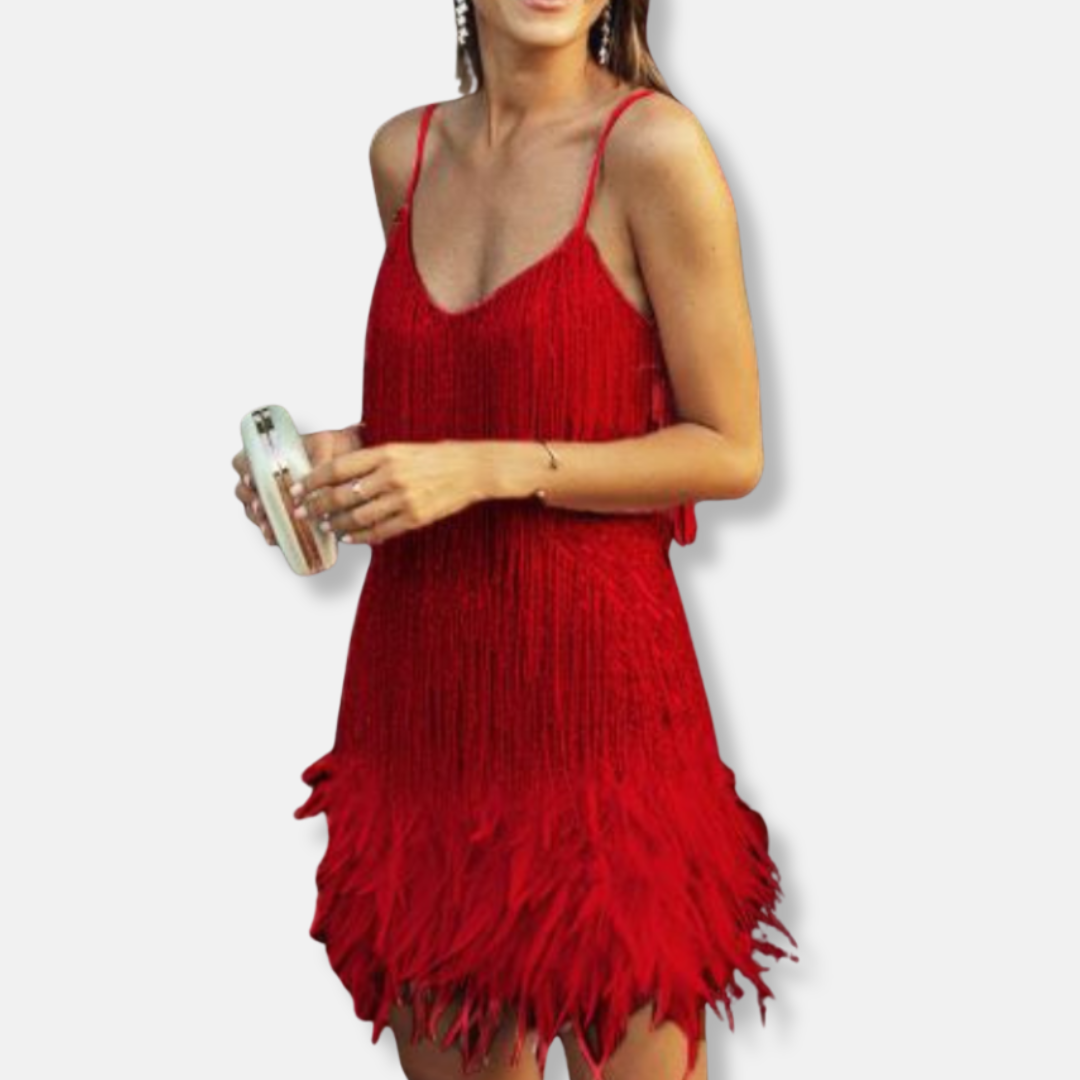 Francesca Sequin Embellished Cocktail Dress | Feather Trim Mini Dress