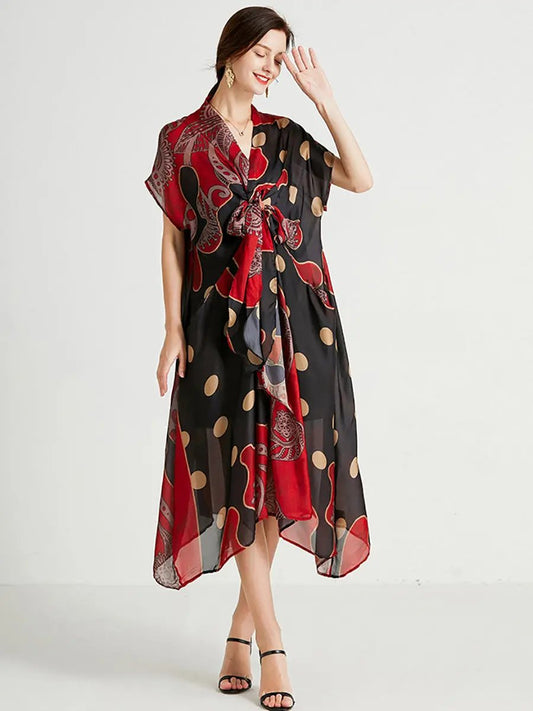 Women Summer Retro Dot Print Drawstring Loose Dress