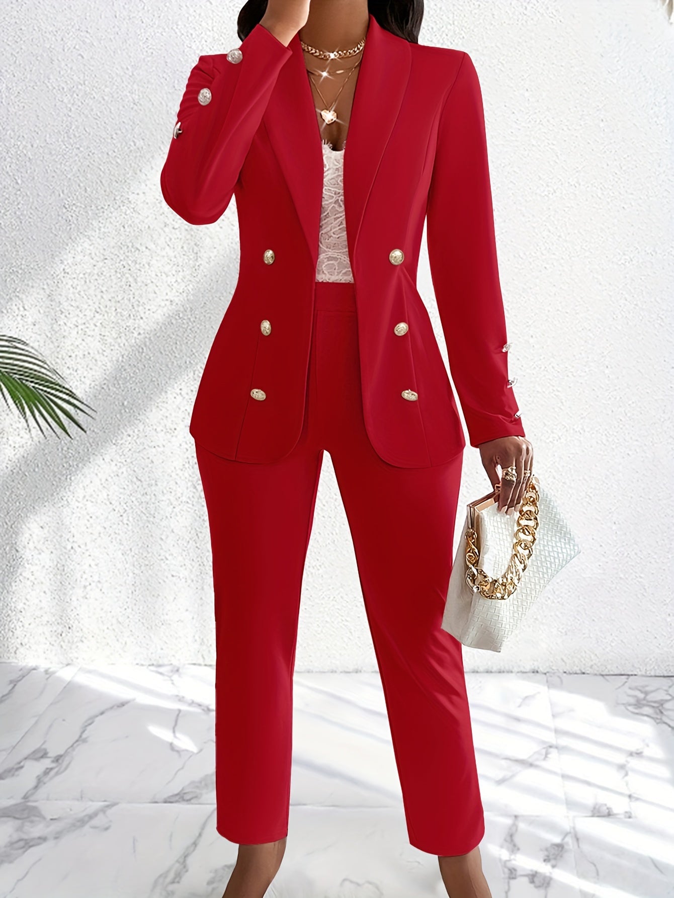 Classic Women's Two Piece Gold Button Suit Set