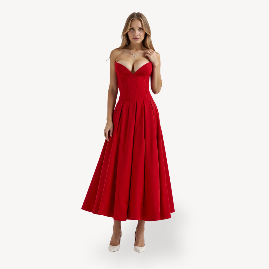 Women's Strapless Corset Pleated Midi Dress